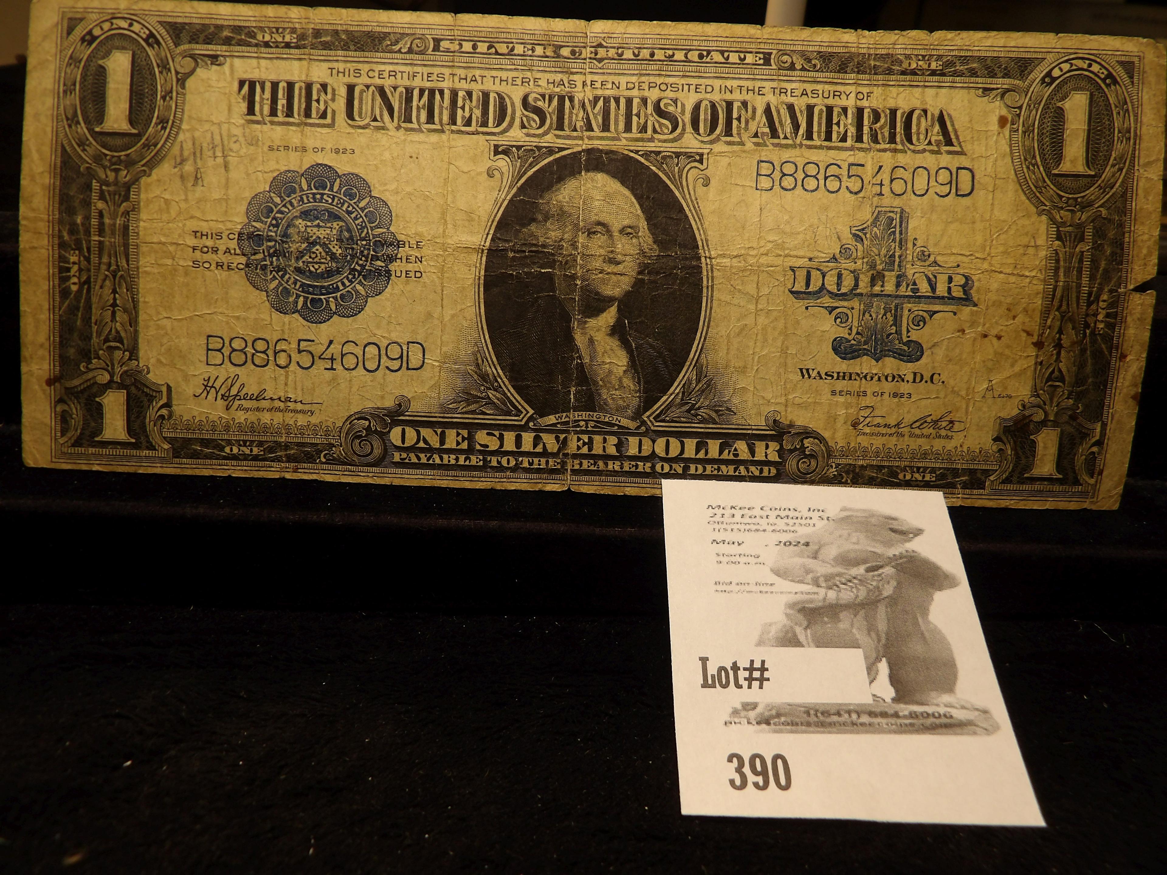 From Lyn Knight Auction March, 2017 comes Series 1923 One Dollar Silver Certificate. Signed Speelman