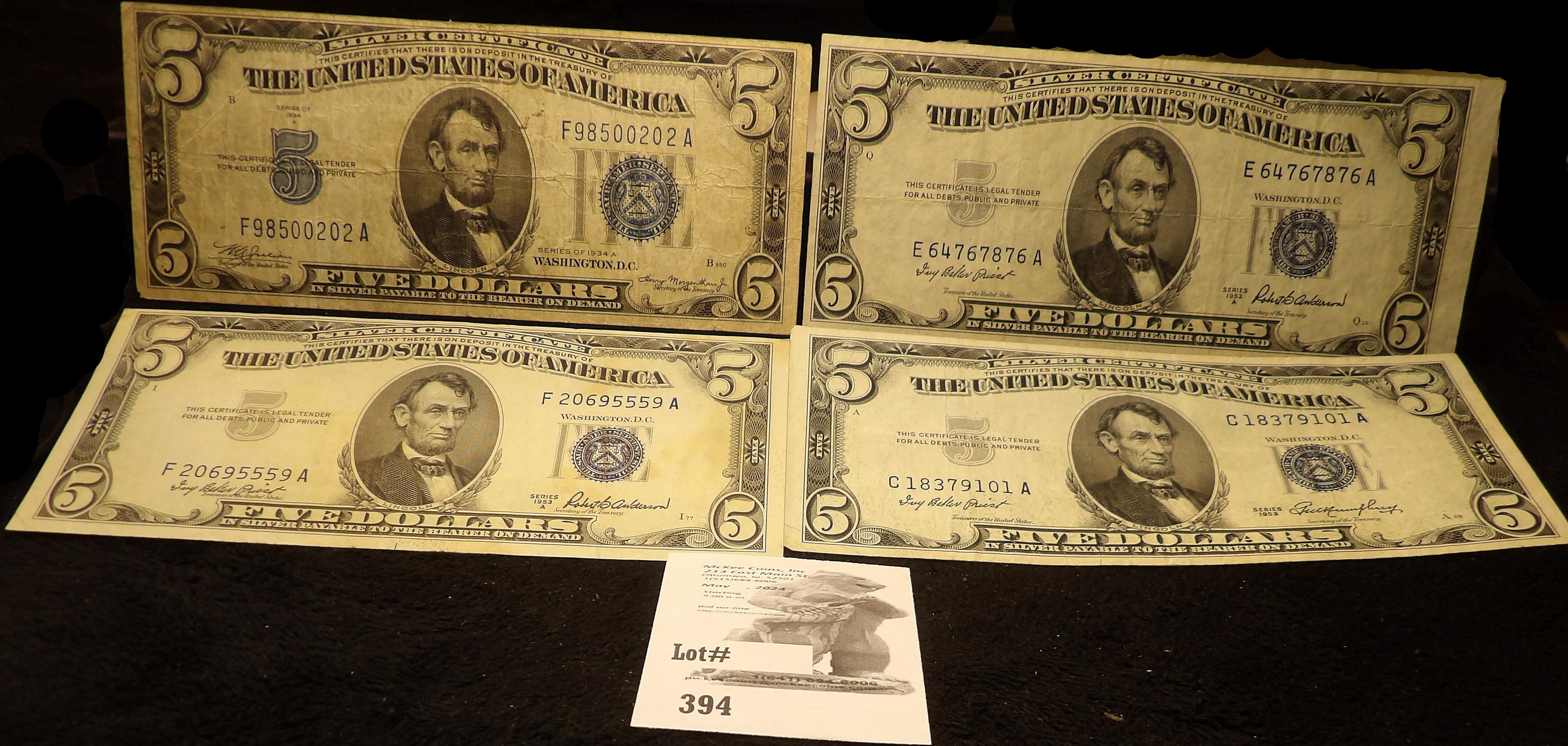 Series 1934A, Series 1953, & (2) Series 1953A $5.00 Silver Certificates.