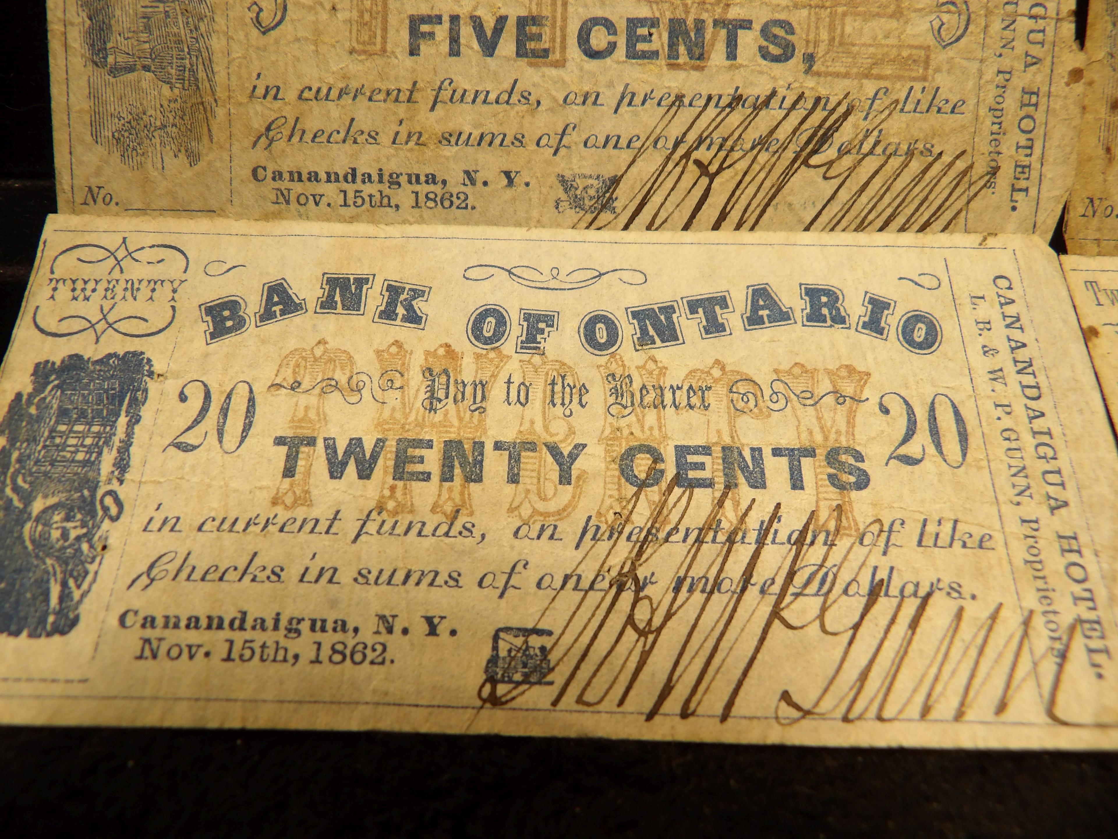 Set of Four Nov. 15th, 1864 Civil War Era Banknotes from Canandaigua, N.Y. Bank of Ontario, Five, Te