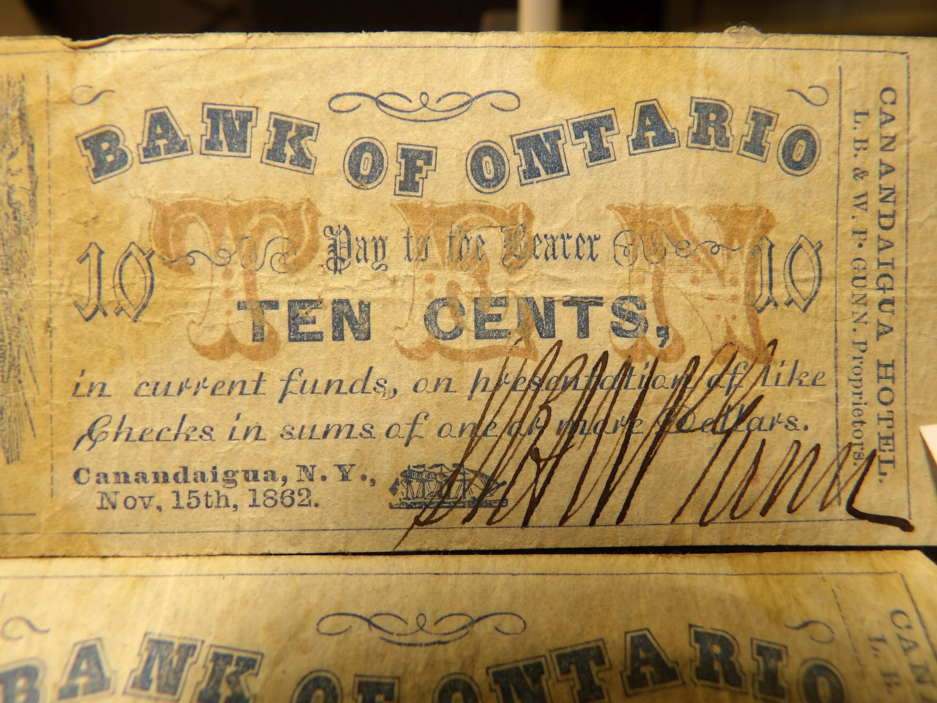 Set of Four Nov. 15th, 1864 Civil War Era Banknotes from Canandaigua, N.Y. Bank of Ontario, Five, Te
