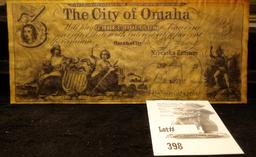 Advertising facsimile note printed for The Omaha National Bank. Depicts The City of Omaha Three Doll