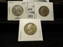 1938D VF, 39D F & 39S VF Jefferson Nickels.