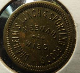 Draheim,s Lunch & Sporting Goods / Neenah / Wisc. /For Amusement Only Round Bronze Token.