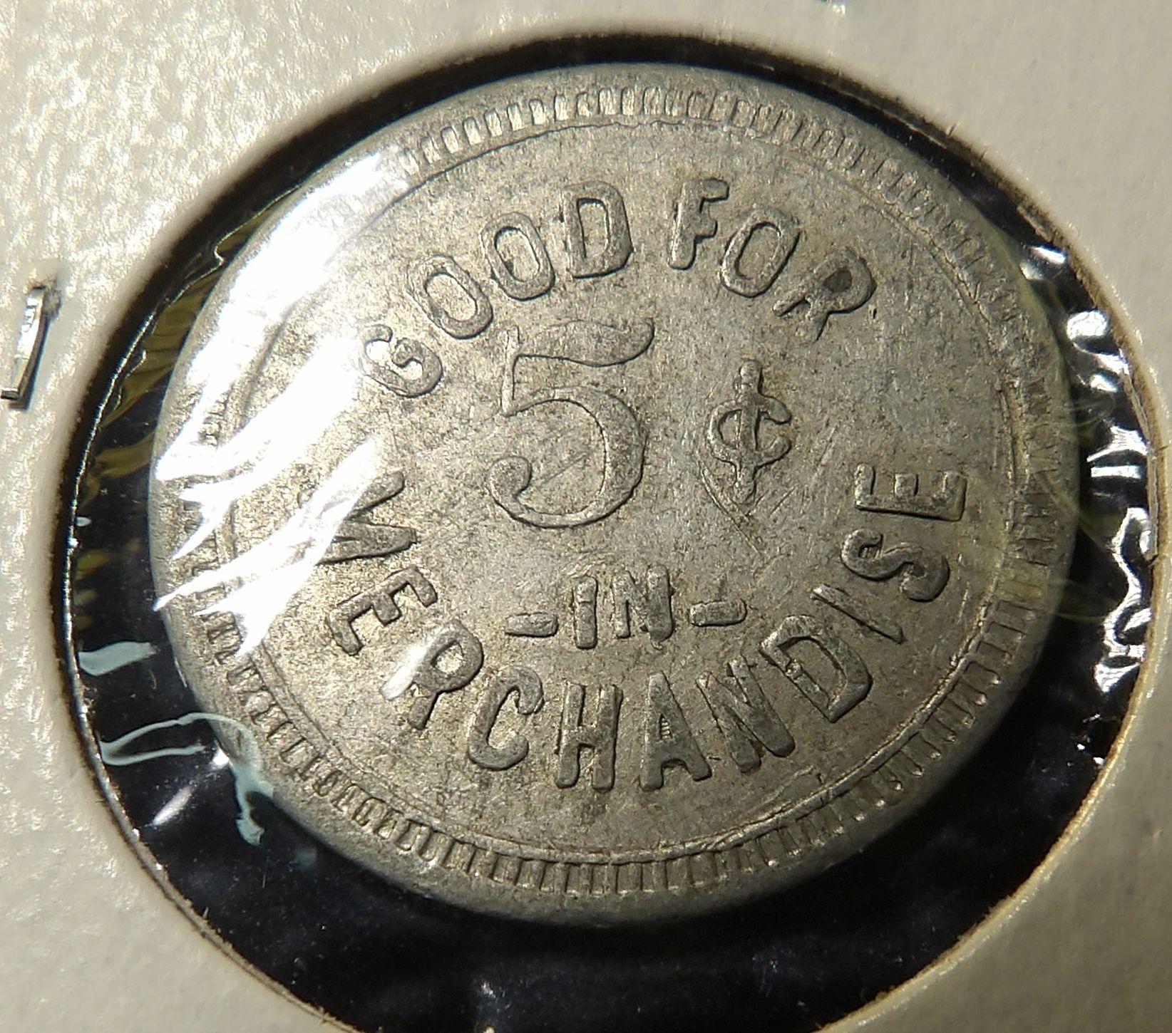 H.C. Berg,/ Clayton Center / Iowa / Good for / 5c / in / Merchandise Round Aluminum Token.