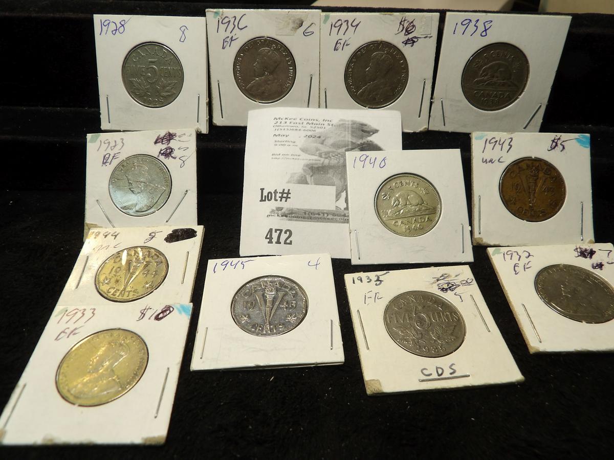 (12) Canadian Nickels 1928-1945 F-EF.