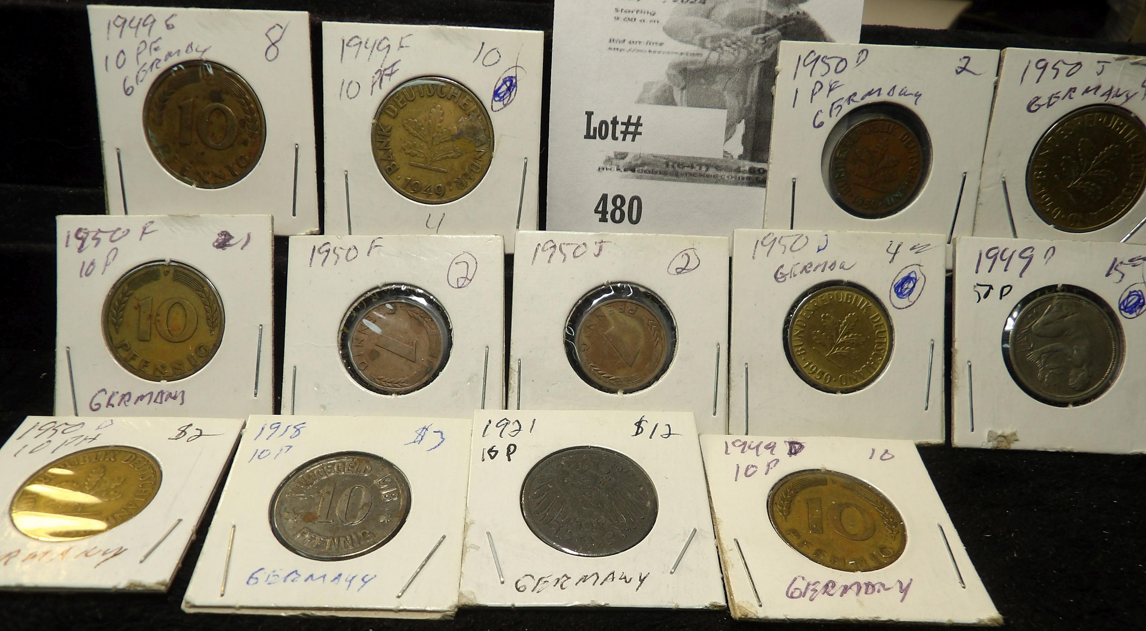 (13) German Coins 1, 5, 10 & 50 Pfennigs 1918-1950.