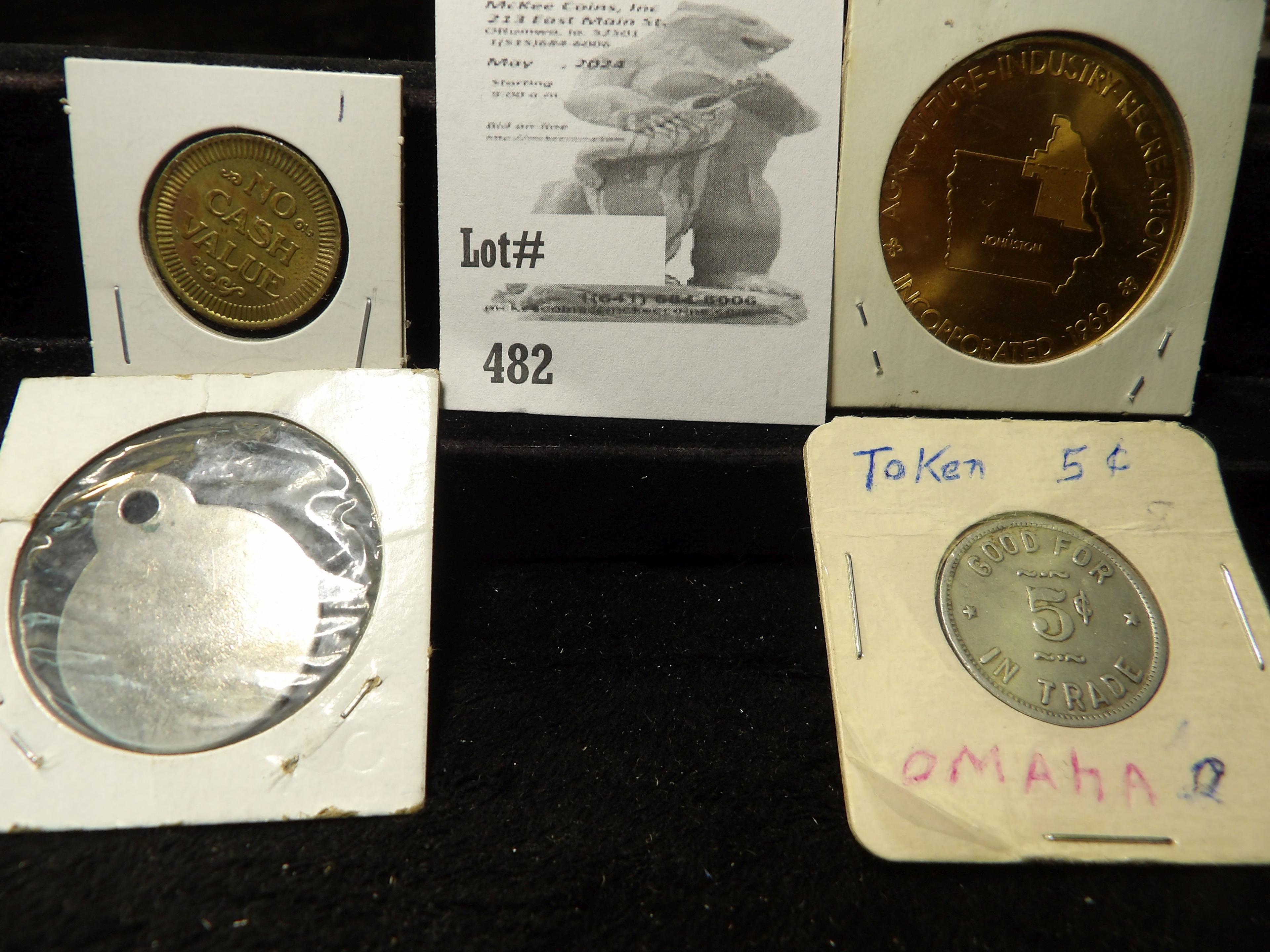 Playmore Billards Good for 5C, Omaha, NE. Token, 1964 Dog Rabies Tag, Newton, Iowa, 1970 Johnston, I