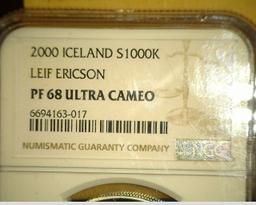 2000 Iceland $1000K Leif Ericson PF 68 Ultra Cameo NGC slabbed.