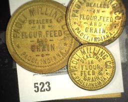 (3) Pieces Paoli Milling Co. Dealers in Flour, Feed and Grain, Paoli, Indiana, Good For 25 Lbs., 50