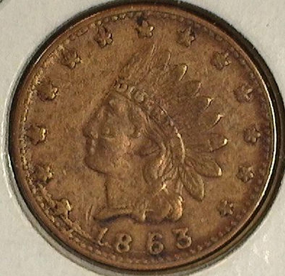 1863 Civil War Token Indian Head Liberty In Headband, Cannon, Drum & Flage on Rev.