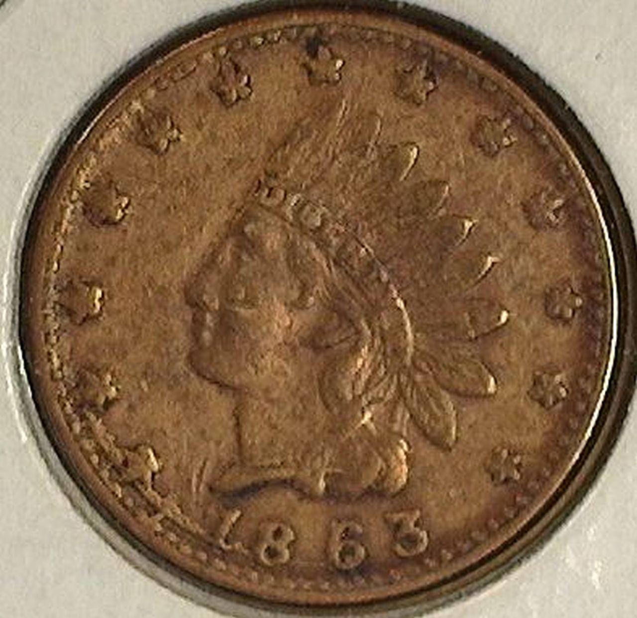 1863 Civil War Token Indian Head Liberty In Headband, Cannon, Drum & Flage on Rev.