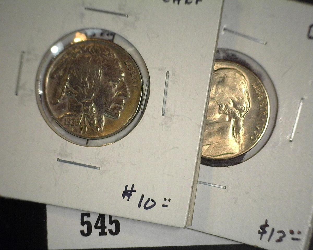 1936D Buffalo EF and 1950D Jedderson Nickels BU.