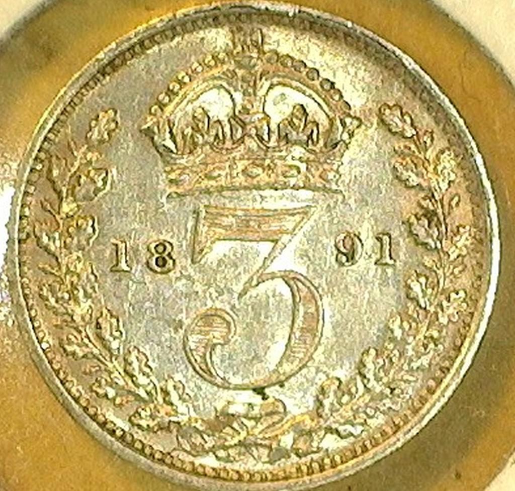 1891 Great Britain Silver Three Pence. AU.