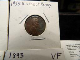 1893 VF & 1901 Good Indian Head Cents, 1925 S Mint Error Cent, & 1958 D Cent.