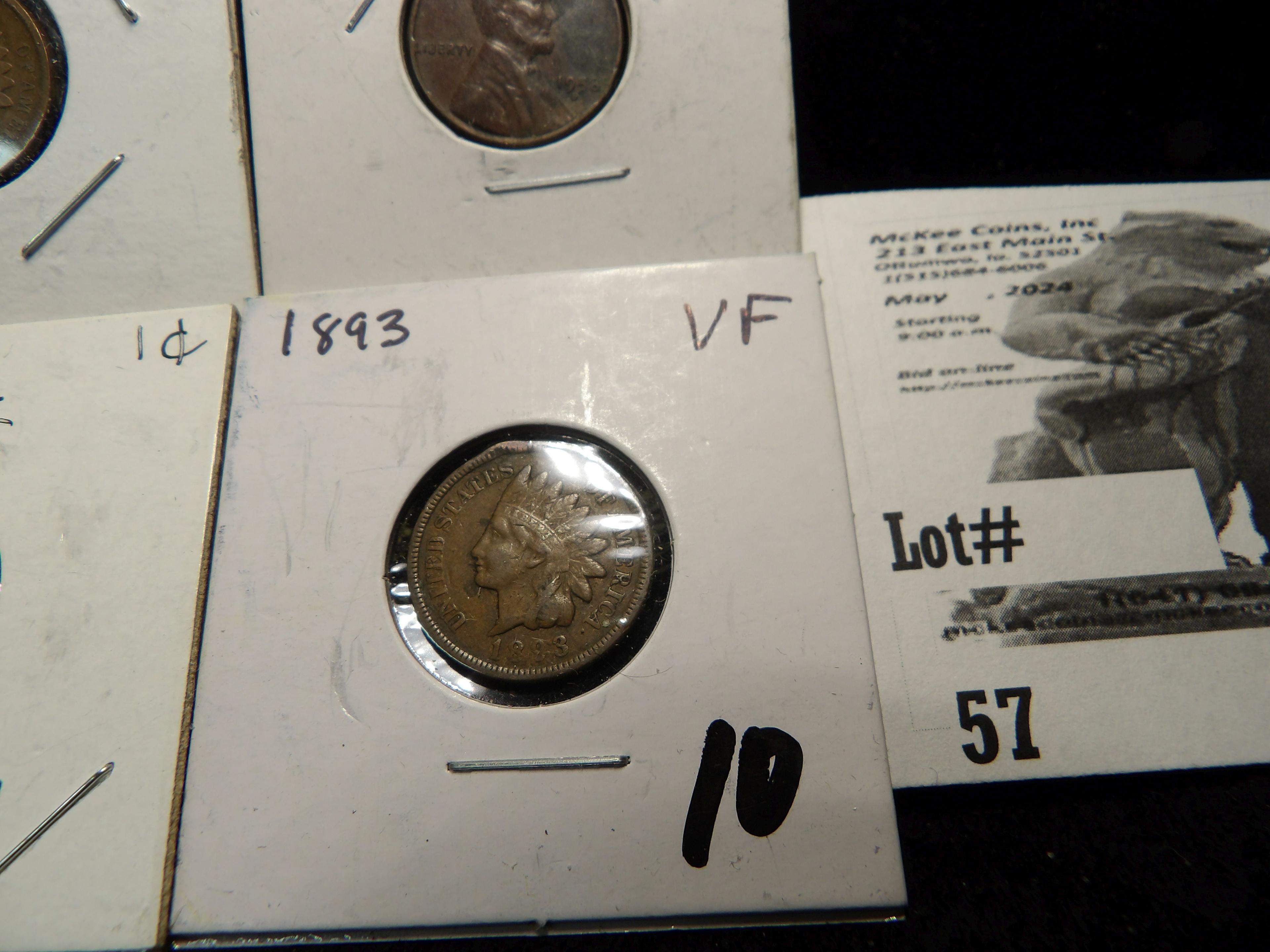 1893 VF & 1901 Good Indian Head Cents, 1925 S Mint Error Cent, & 1958 D Cent.