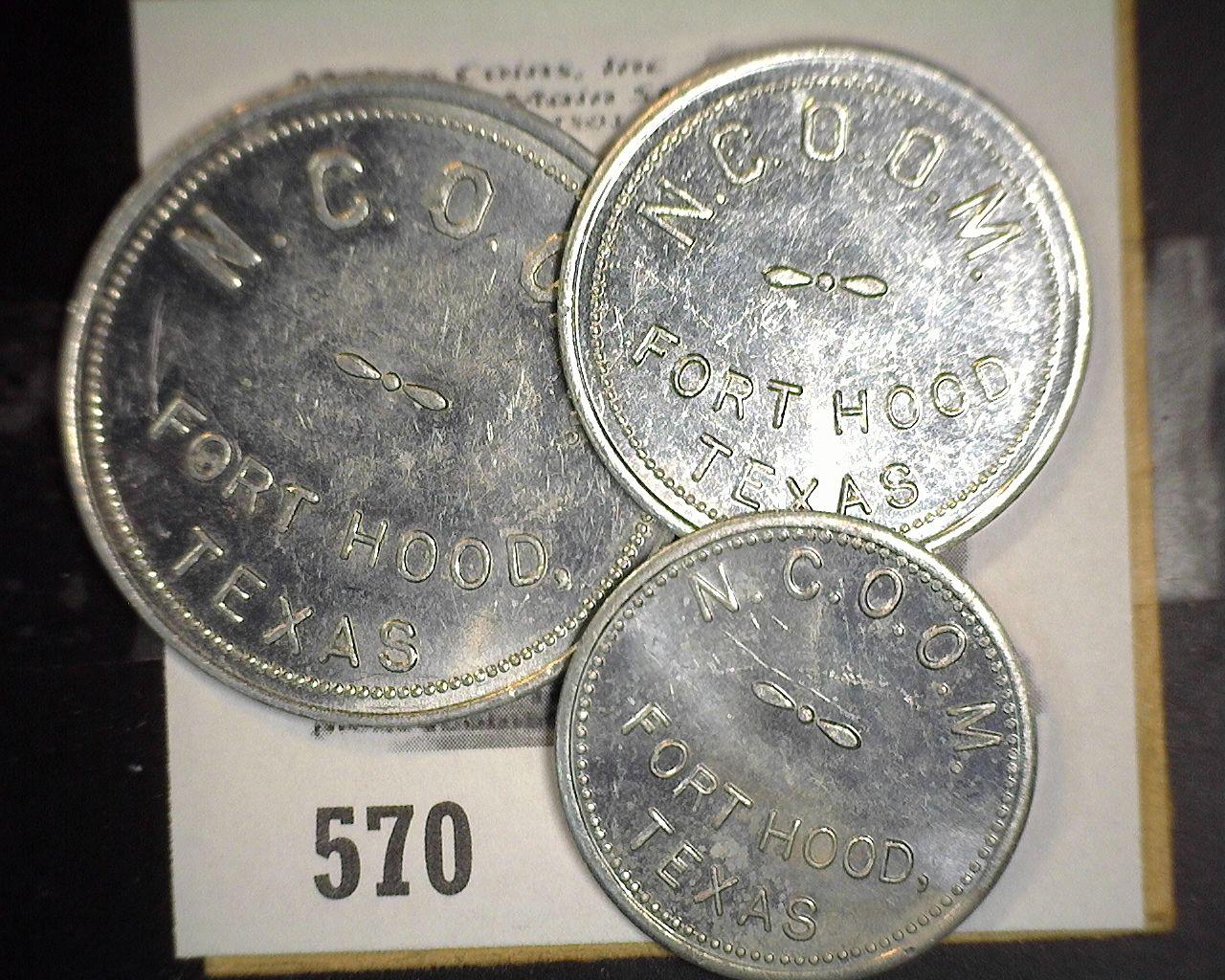 Set of 3 N.C.O.O.M. Fort Hood Texas 10c, 25c & $1.00 in Trade Tokens.
