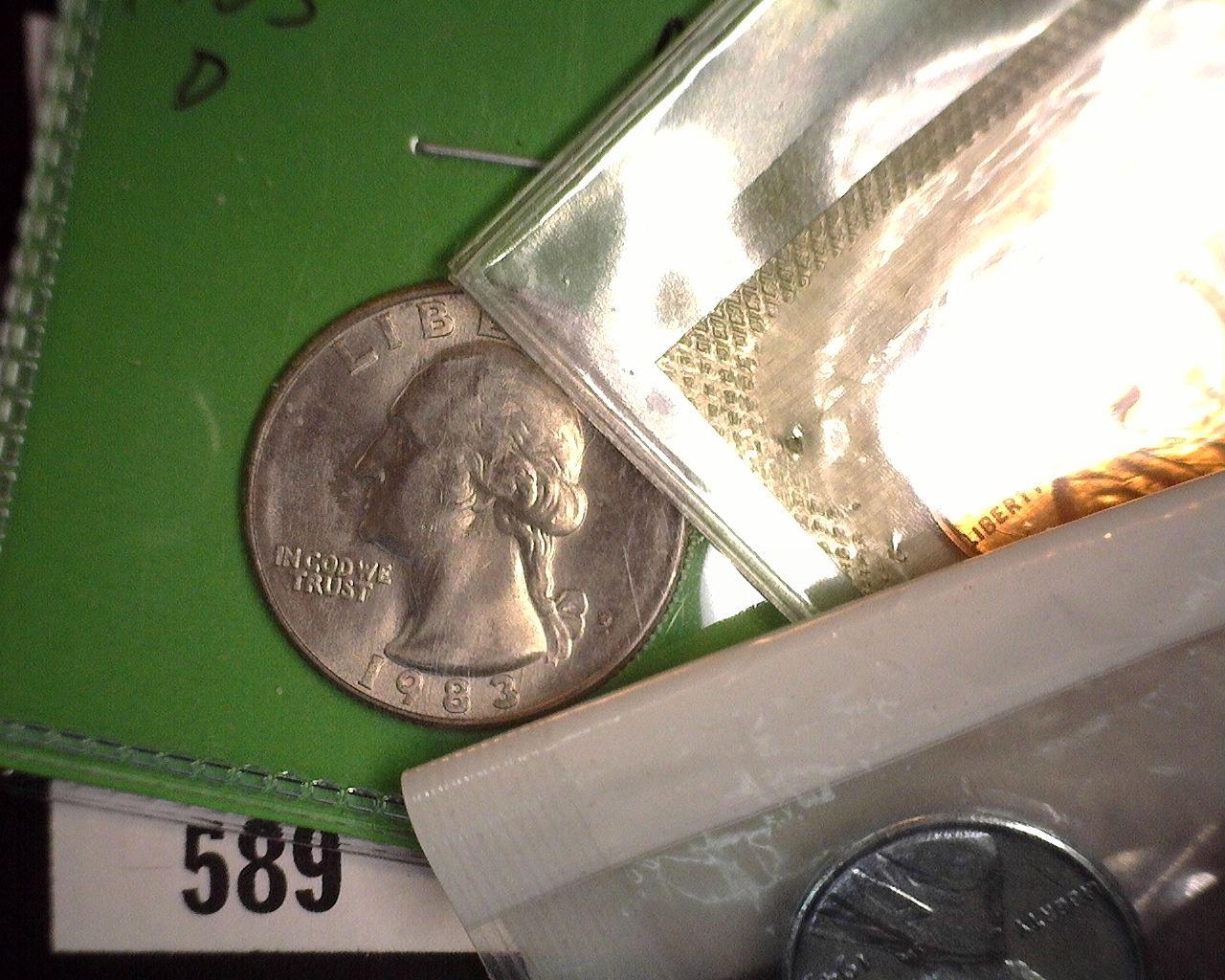 1958 Lincoln Cent & Jefferson Nickel Proof, 1983D Washington Quarter & 1943 Steel Cent.