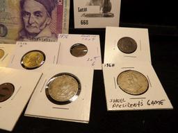 1956D Jefferson Nickel, (2) Transportation Tokens, 1965 Churchill Crown, Smokey Quartz Crystol Germa