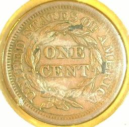 1854 U.S. Large Cent, nice AU, carded.