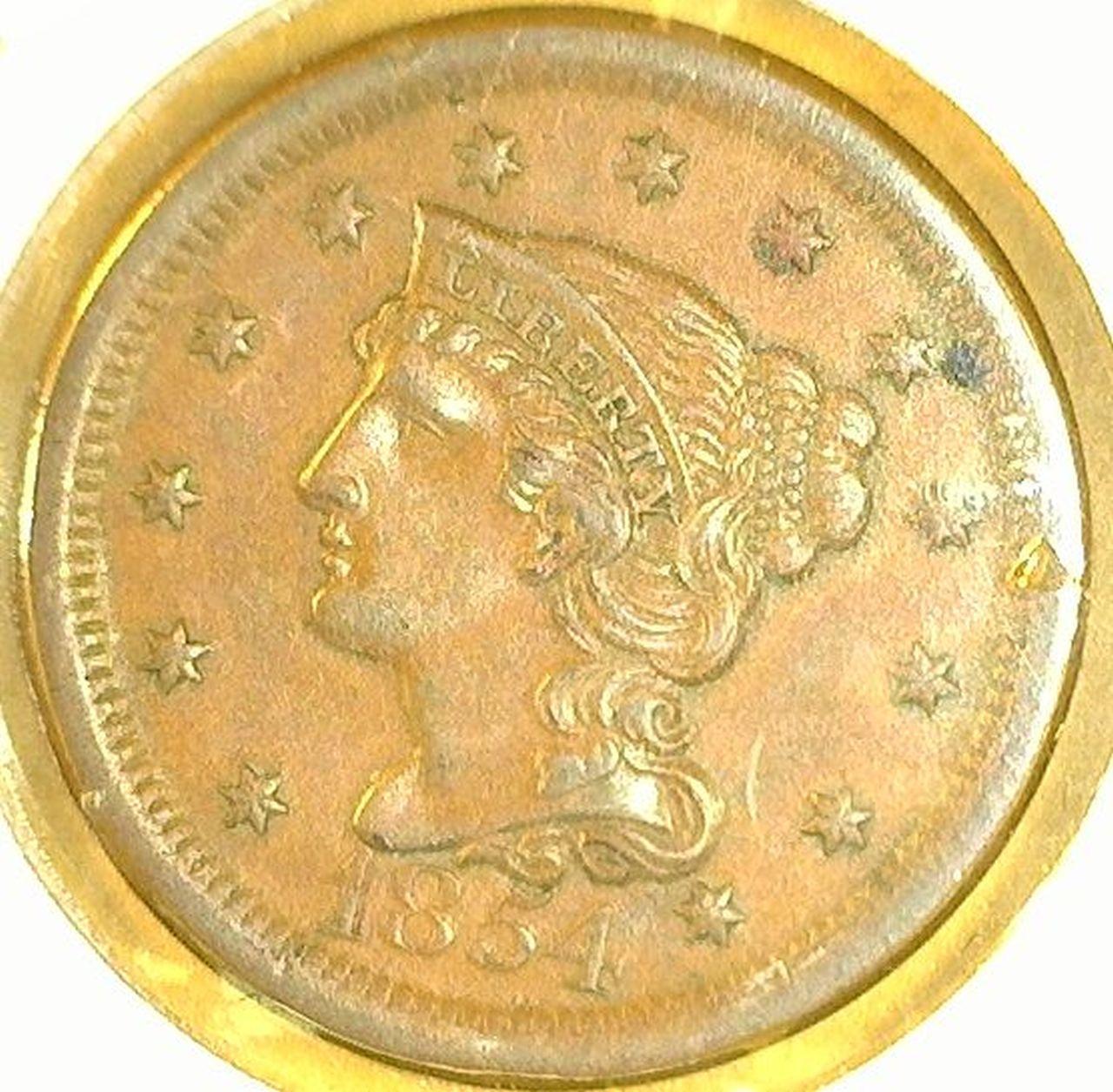 1854 U.S. Large Cent, nice AU, carded.