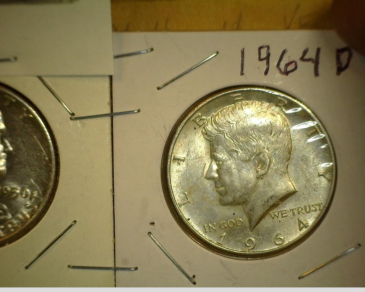 1950 P Franklin & 1964 D AU Kennedy 90% Silver Half Dollars.