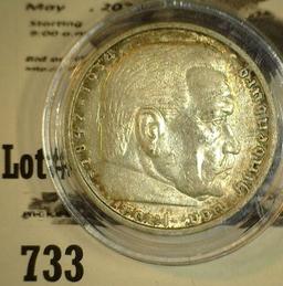 1938 Nazi Germany Silver Five Mark, encapsulated.