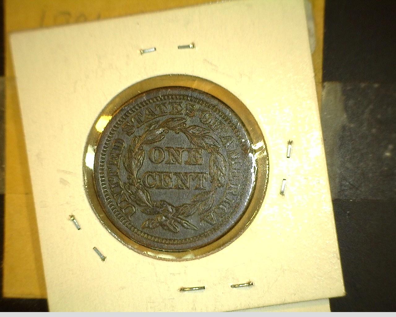 1853 U.S. Large Cent. Nice AU, carded.