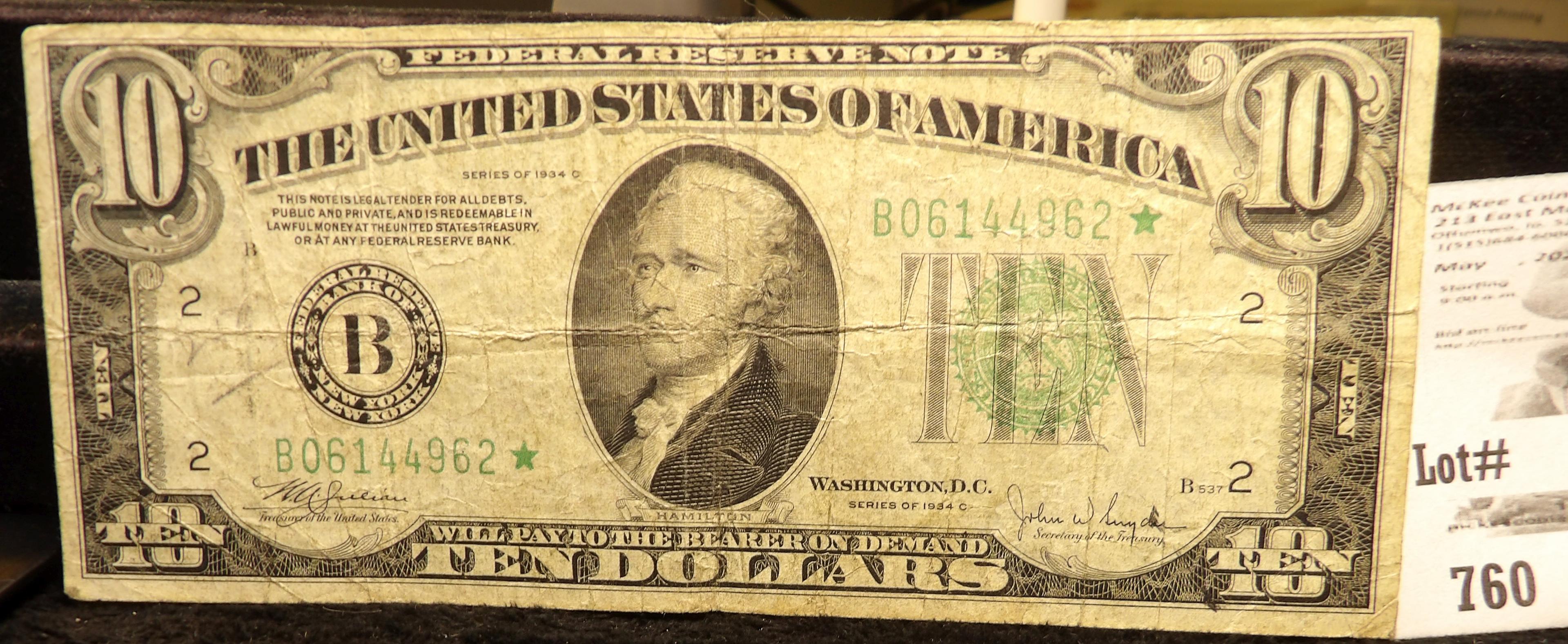 Series 1934C $10 Federal Reserve Note. Star Replacement. "B" New York, New York, Green Seal.