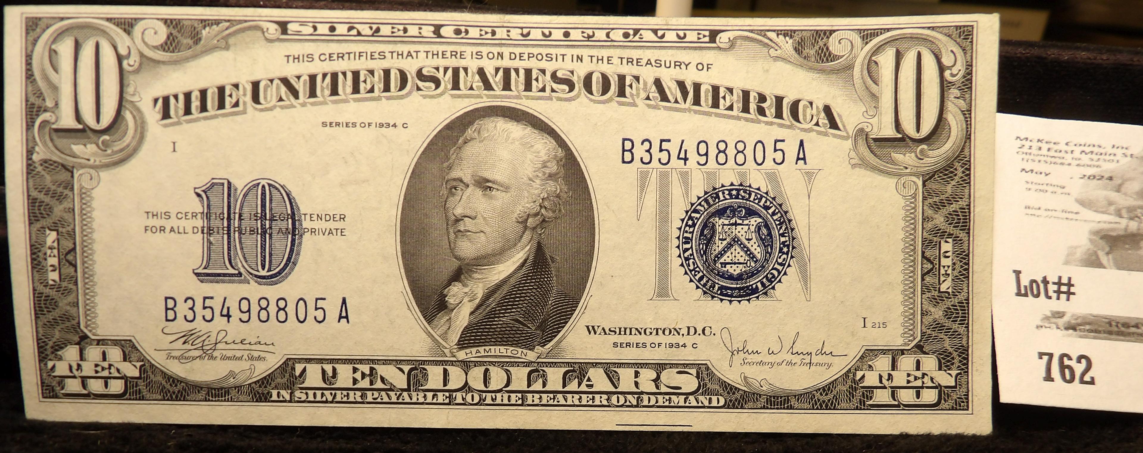 Series 1934C $10 Silver Certificate, Blue seal, Very nice grade.