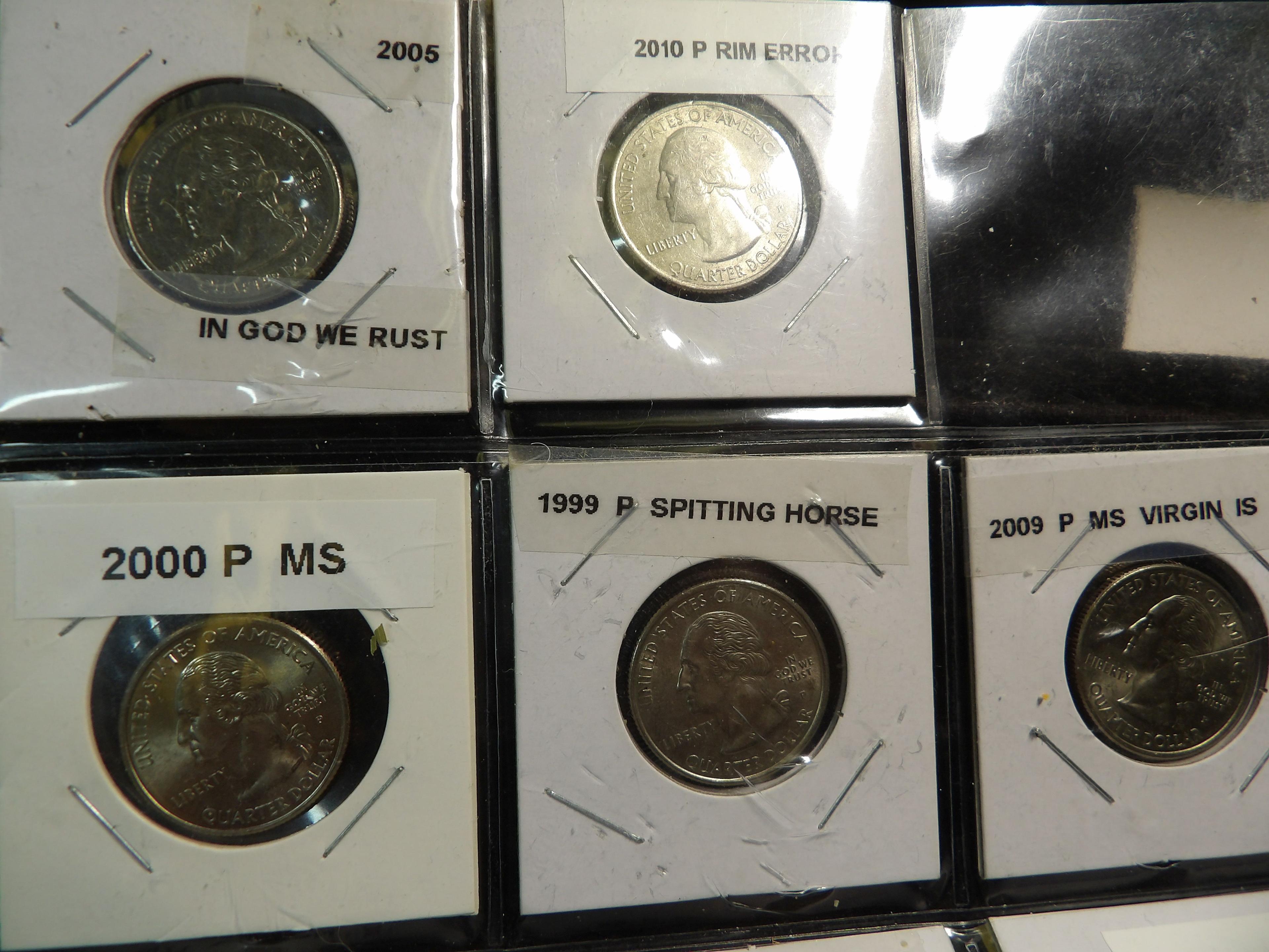 (14) Various U.S. Quarters with minor Mint errors. Stored in a plastic page.