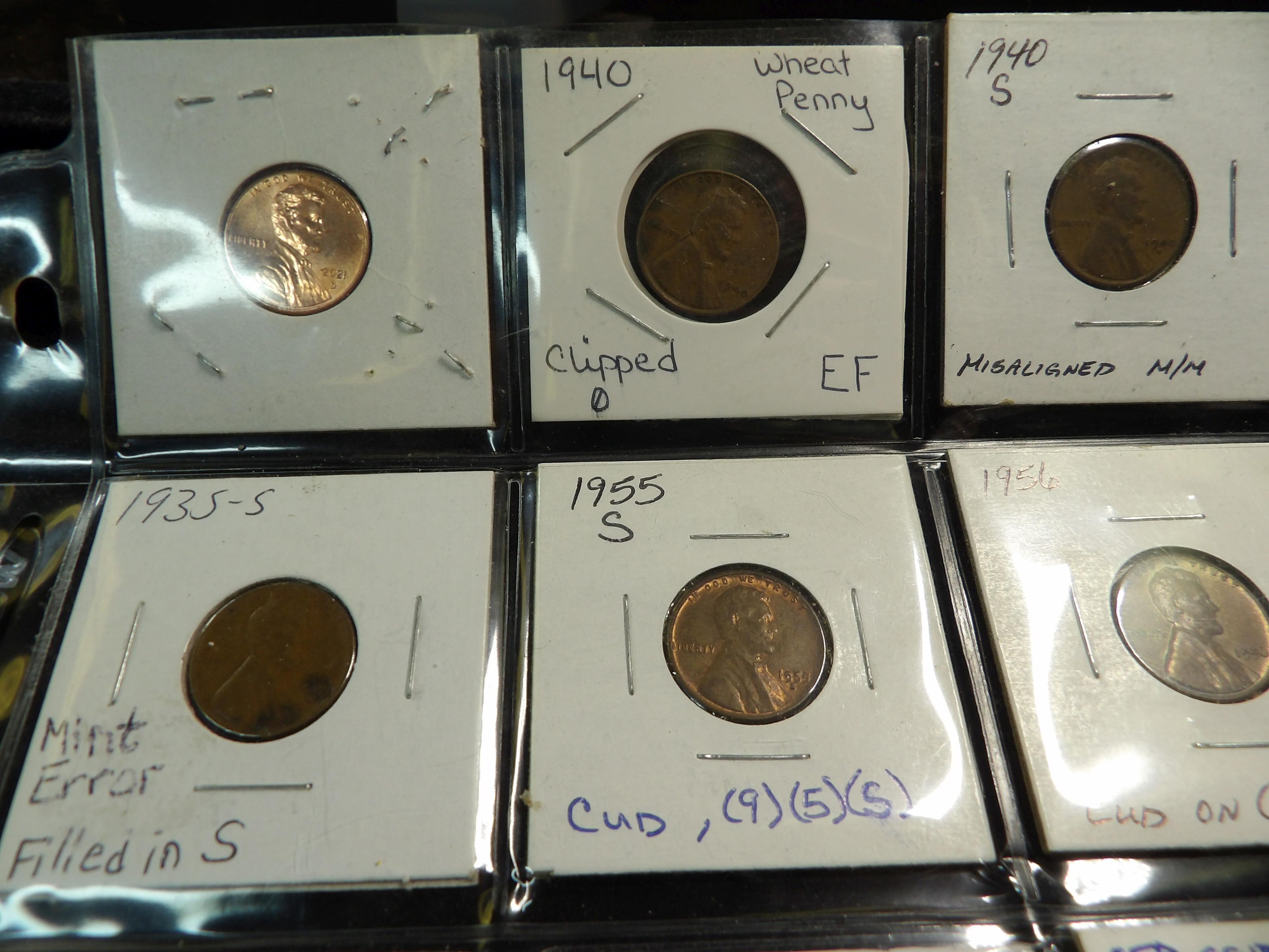 (19) Lincoln Cents with Minting errors and a 1959 Silver Roosevelt Dime struck on a clipped planchet