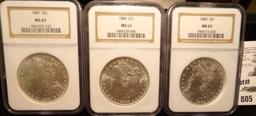 1885 P. 1886 P, & 1887 P slabbed NGC MS63 Morgan Silver Dollars.