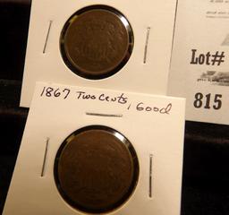 (2) 1864 U.S. Two Cent Pieces, AG-G; 1865 & 1867 Two Cent Pieces in Good. (4 coins)