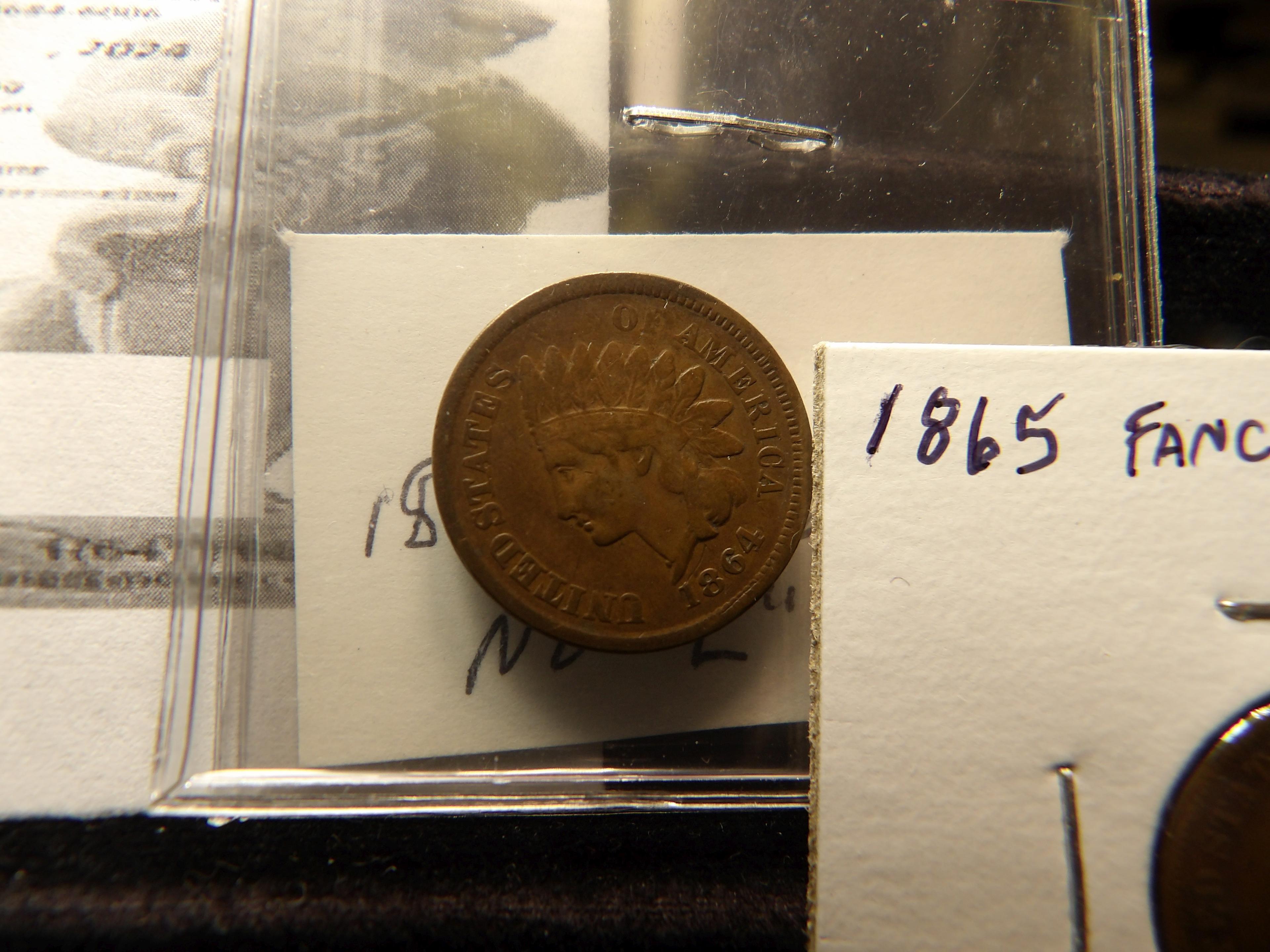 1864 Copper-nickel VG, 1864 Bronze No L, VF, & 1865 fancy 5, fine.