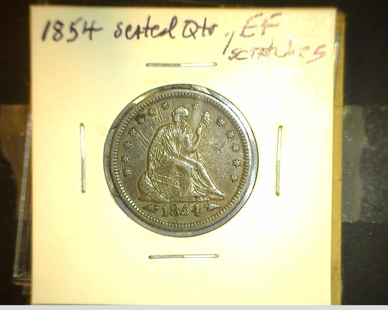 1854 P EF with scratches & 1858 P VG U.S. Seated Liberty Quarters.