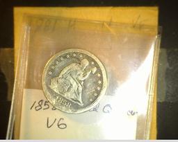 1854 P EF with scratches & 1858 P VG U.S. Seated Liberty Quarters.