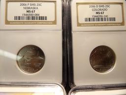 2006 P & D SMS Colorado Quarter & 2006 P Nebraska Quarter, all three MS67 NGC; and 2010 S Silver Mou