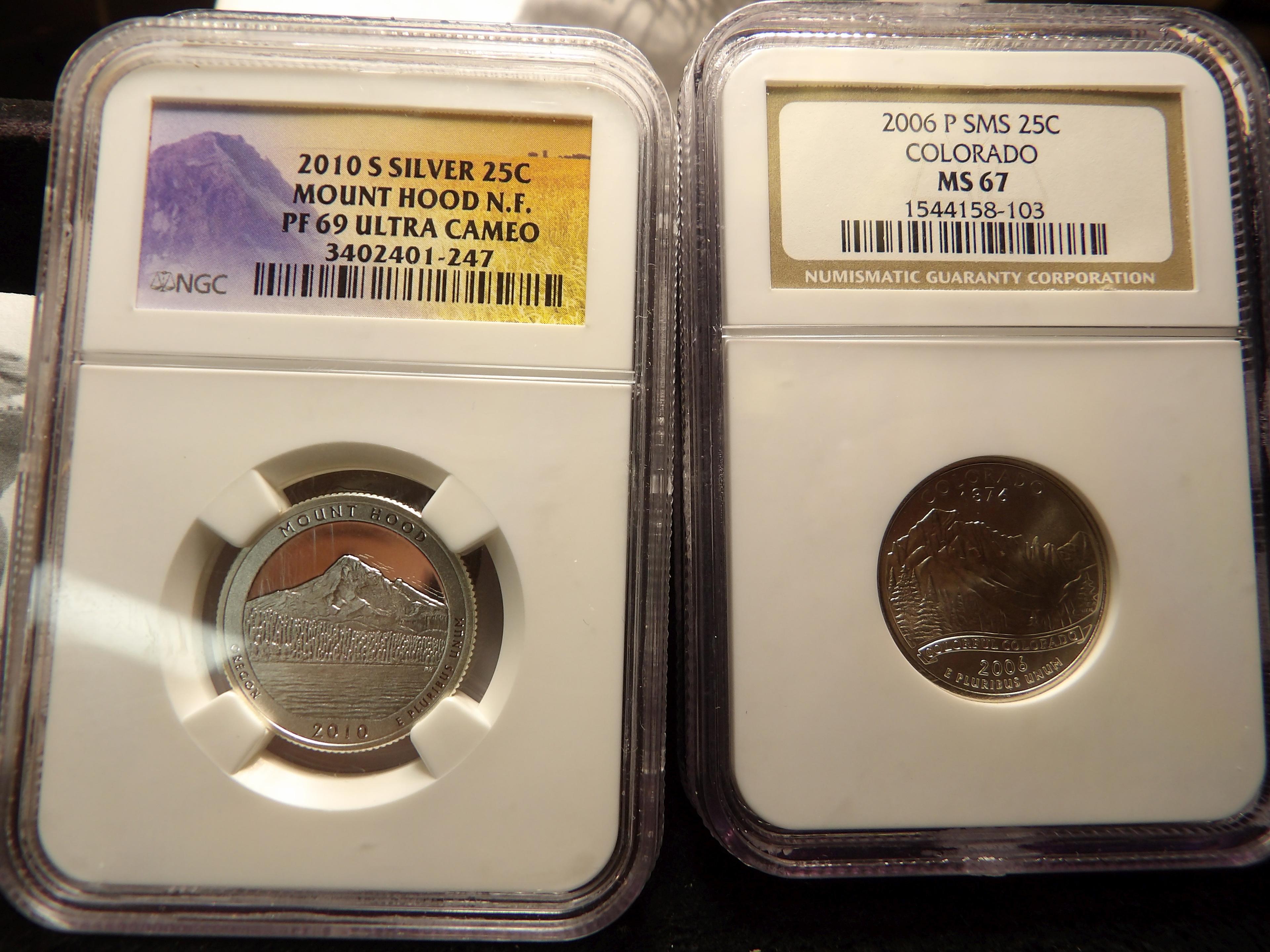 2006 P & D SMS Colorado Quarter & 2006 P Nebraska Quarter, all three MS67 NGC; and 2010 S Silver Mou