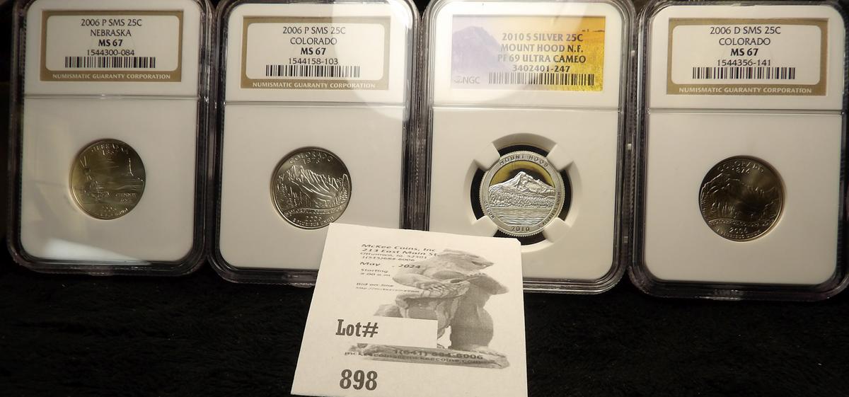 2006 P & D SMS Colorado Quarter & 2006 P Nebraska Quarter, all three MS67 NGC; and 2010 S Silver Mou