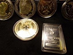 Seven round gold-plated German Third Reich Medals; three bar shaped Proof Ingots; & 1921 U.S. Morgan