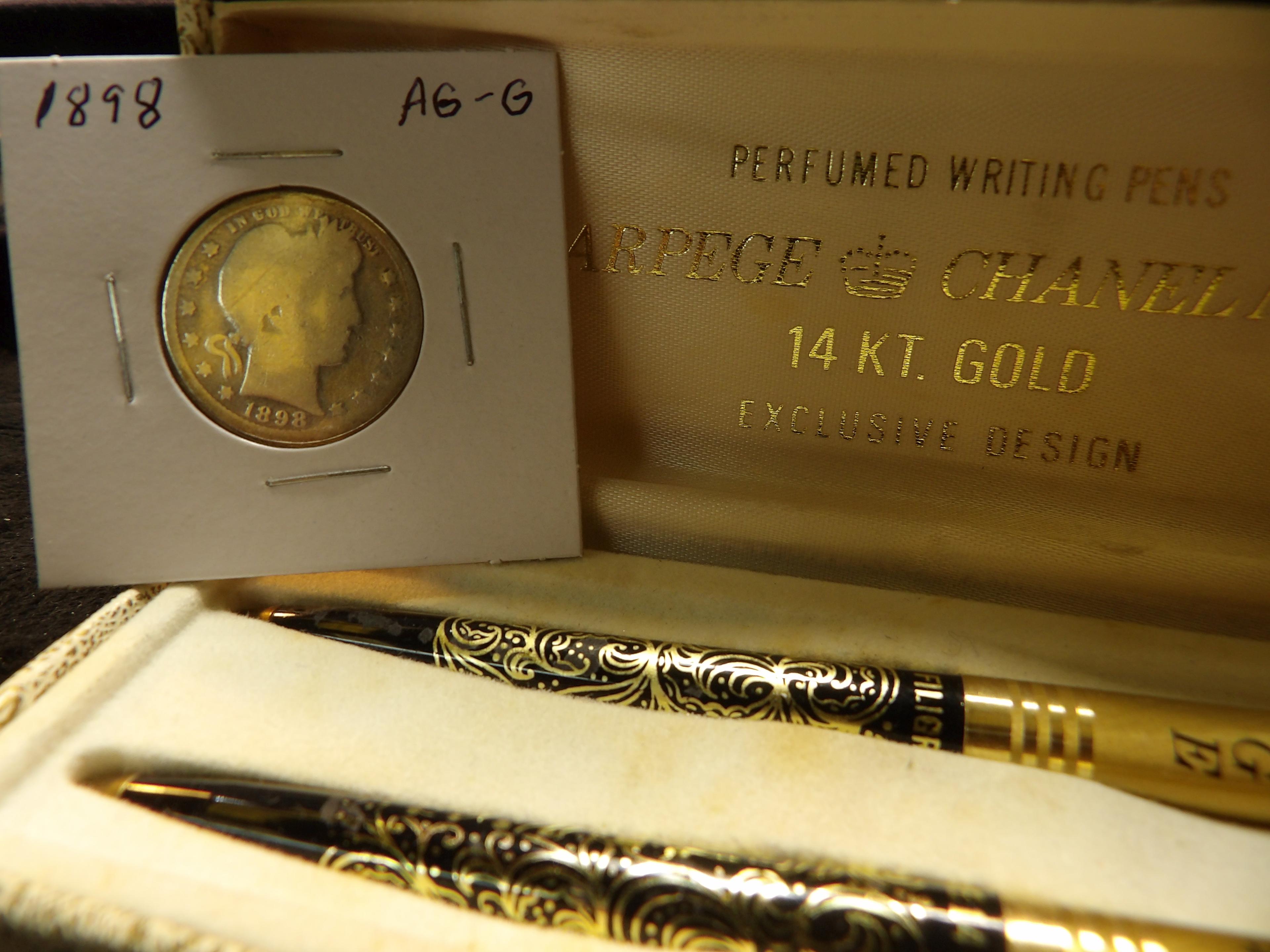 Arpeye & Chanel # 5 Perfumed 14K Gold writing pen set & 1898 P Barber Quarter, AG-G.