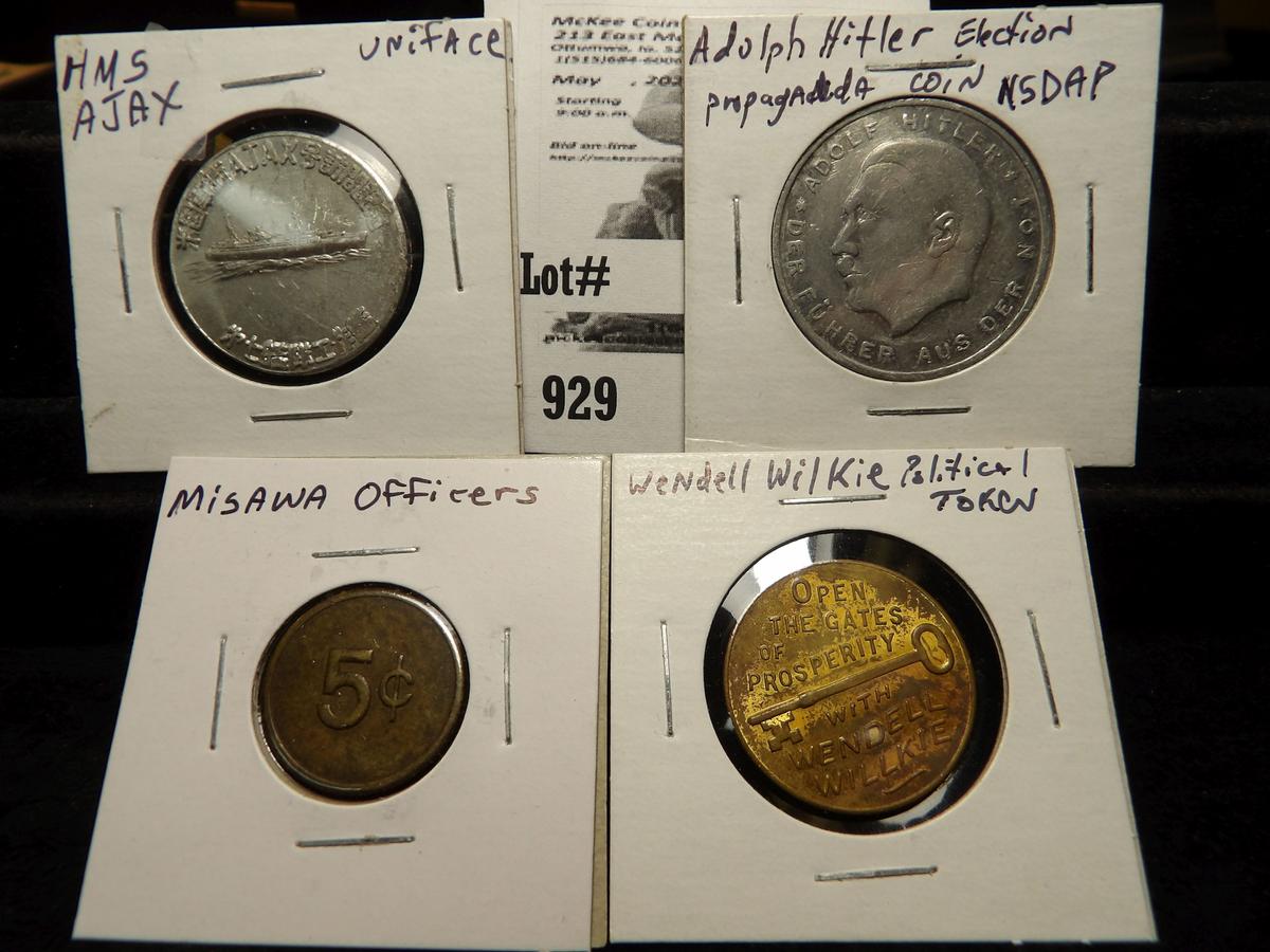 Four possible rarities: HMS AJAX (uniface) token; Adolph Hitler election propagana Coin NSDAP; Misaw