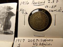 1969 Panama 2 1/2c, KM # 7.2, VF-EF, Scarce; 1940 Panama 1.25 Cent, Choice AU; 1917 S Philippines 20