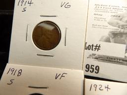 Lincoln Cents: 1909 P VDB EF; 14 S VG; 18 S VF; 24 S Weak strike Fine; 31 D VF; & 33 P Fine.