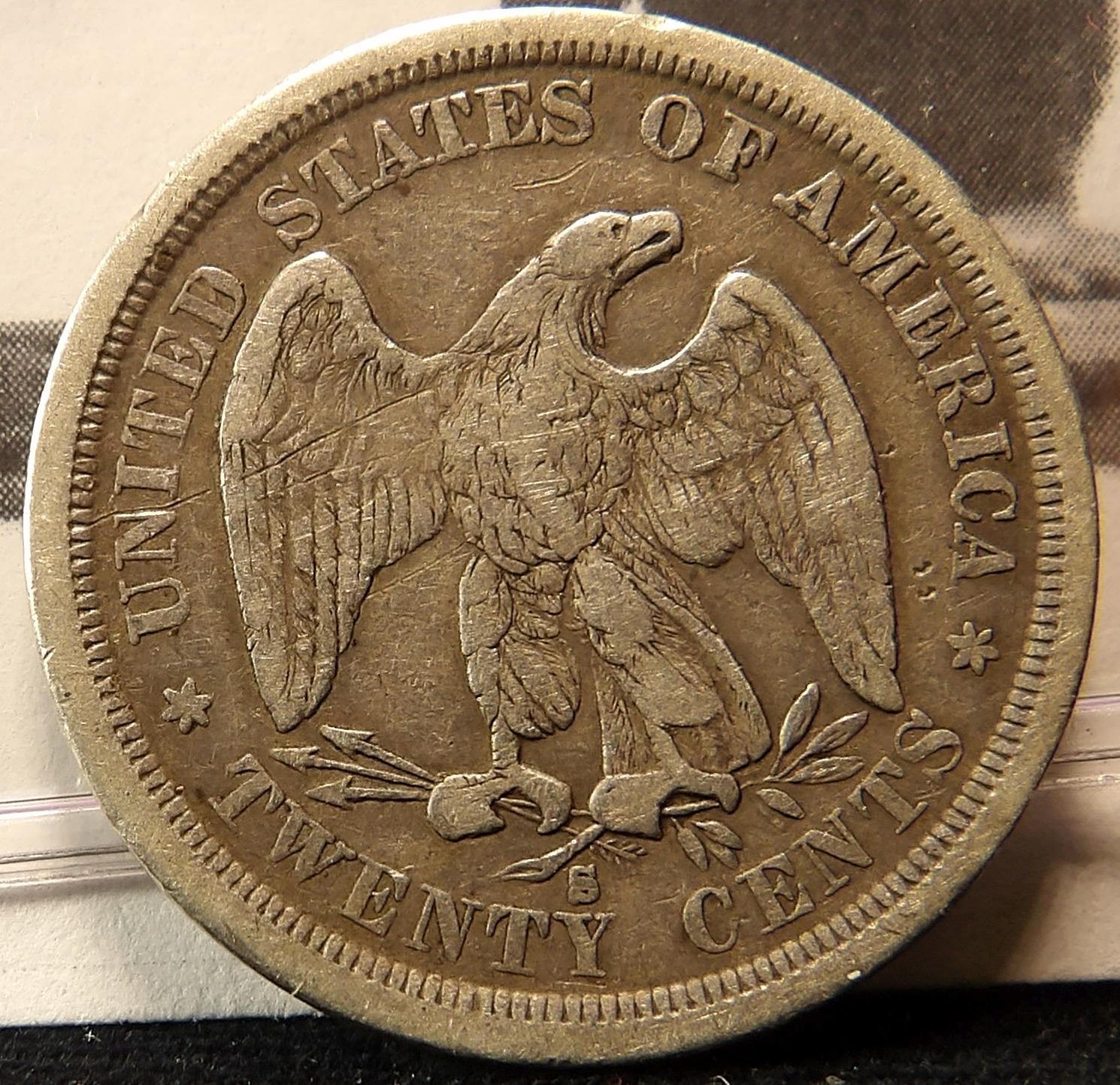 1875 S U.S. Twenty Cent Piece, F-VF.