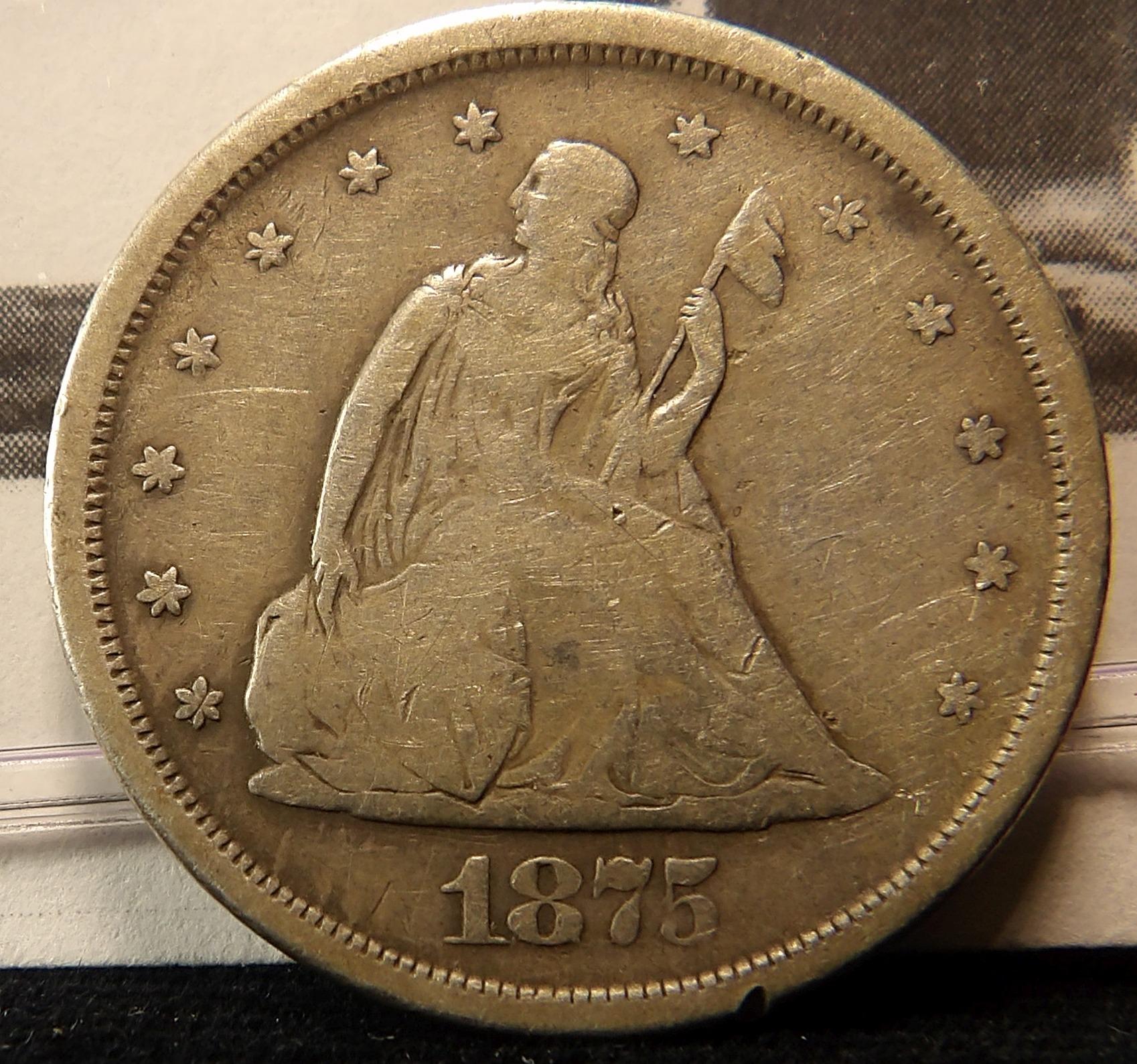 1875 S U.S. Twenty Cent Piece, F-VF.