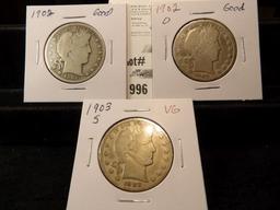 Barber Half Dollar Lot: 1902 P & O in Good, & 1903 S VG.