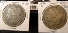1879 S VF & 1896 S (Fine with a starter hole) Morgan Silver Dollars.