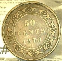 1870 Queen Victoria Newfoundland Silver Half Dollar. Fine.