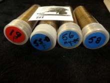 1919 P, 55 D, 56 P, & 58 P Solid date rolls of Lincoln Cents in plastic tubes.